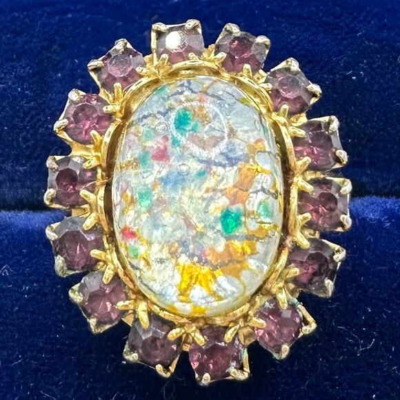 Vintage 1950s gold tone art glass cabochon rhinestones adjustable cocktail ring - Picture 2 of 8